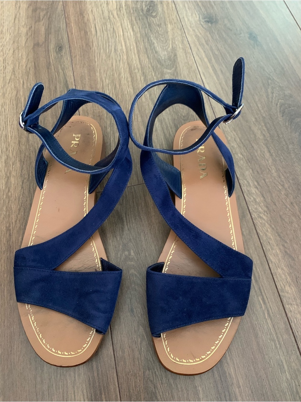 Authentic PRADA Navy Suede Ankle-Strap Flat Sandals size 38.5